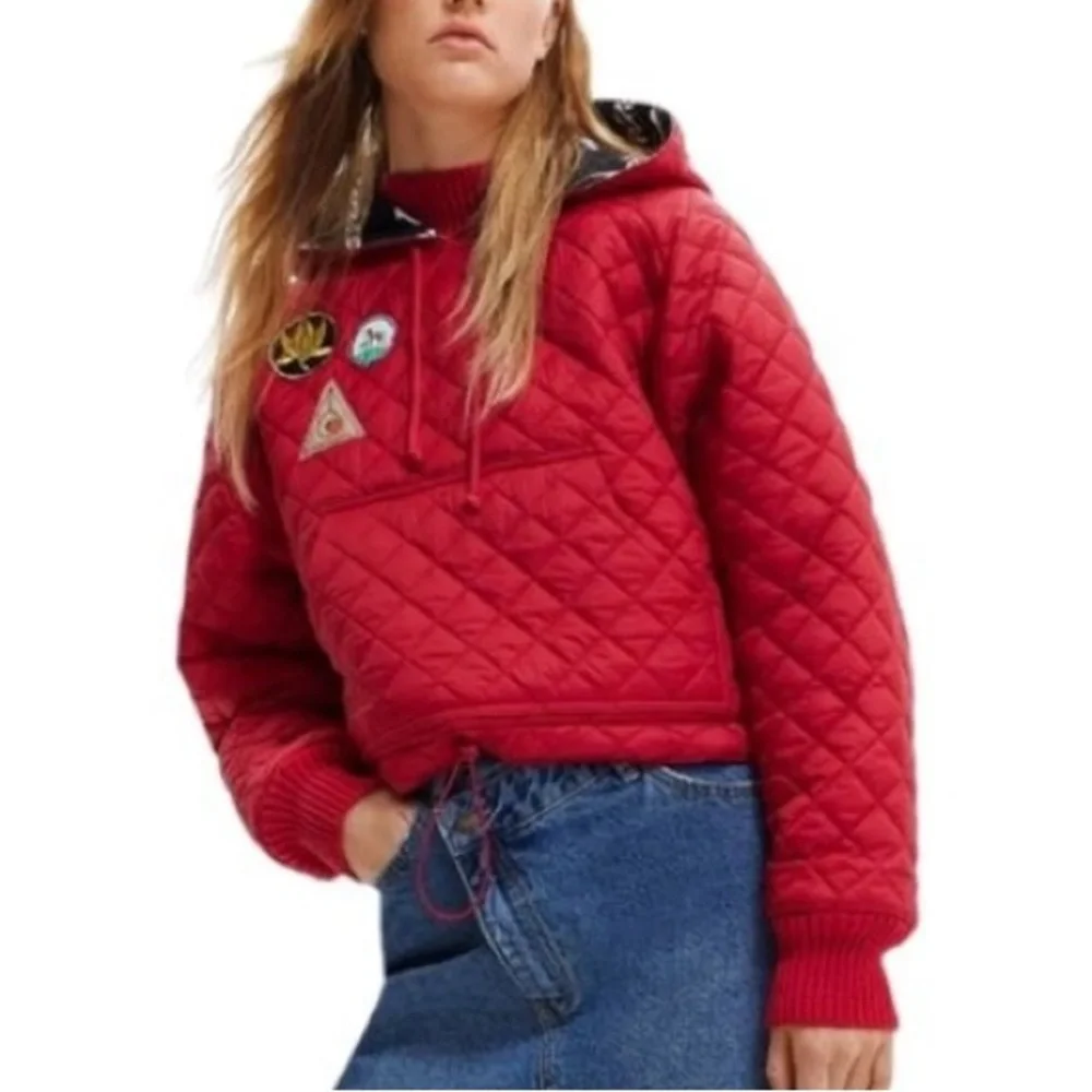 Desigual Women's Red Cropped Quilted Padded Hooded Jacket Size Small - Picture 2 of 12